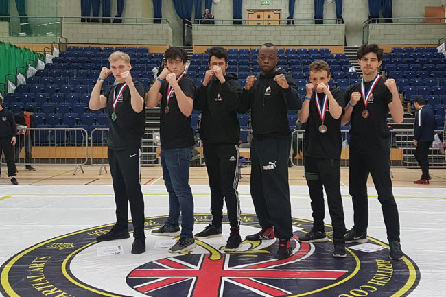 From left to right: Joshua, Jevon, coach James Gottshalk, Matthew Ewan (former Reigate College student and Shadow G Adult Member), Francis, Ethan