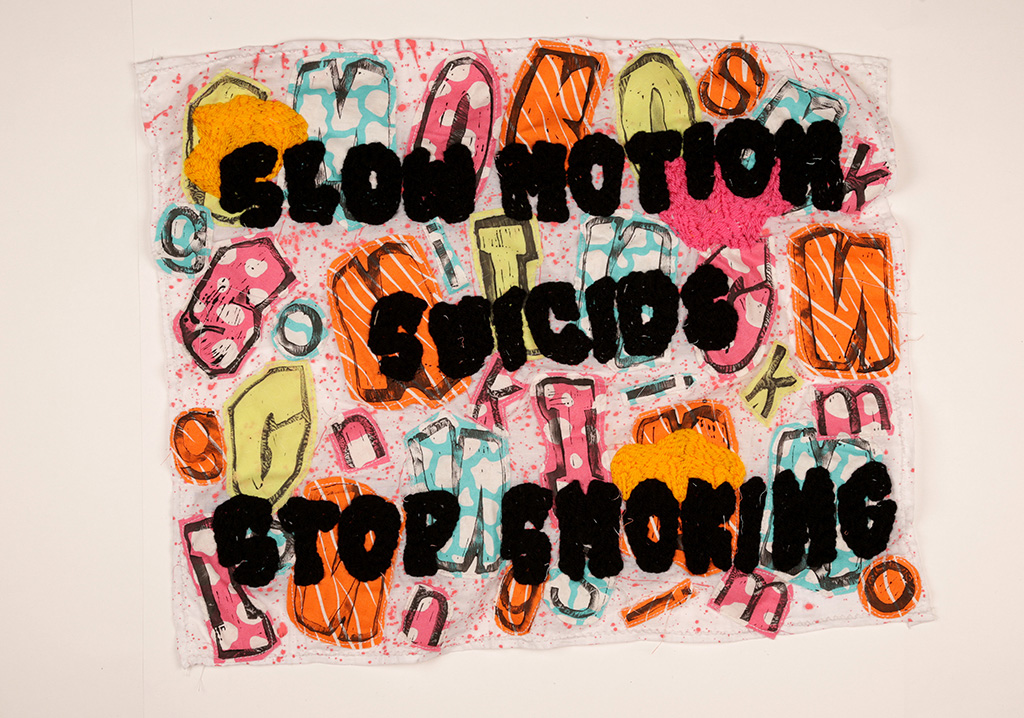 Textile sample with a stop smoking message