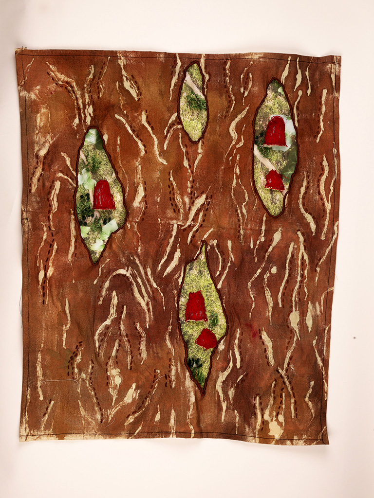 Patterned textile design in brown, red and green