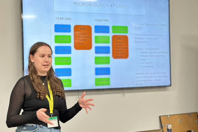 Reigate College Alumni, Teagwen giving a presentation about Microbiology at Leeds University