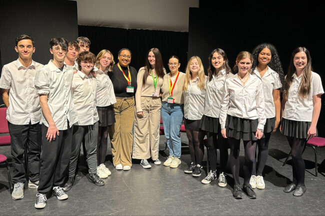 Emma and Amie from the Lucy Rayner Foundation with Keira and the cast of 3-2-1 in the Rispoli Theatre