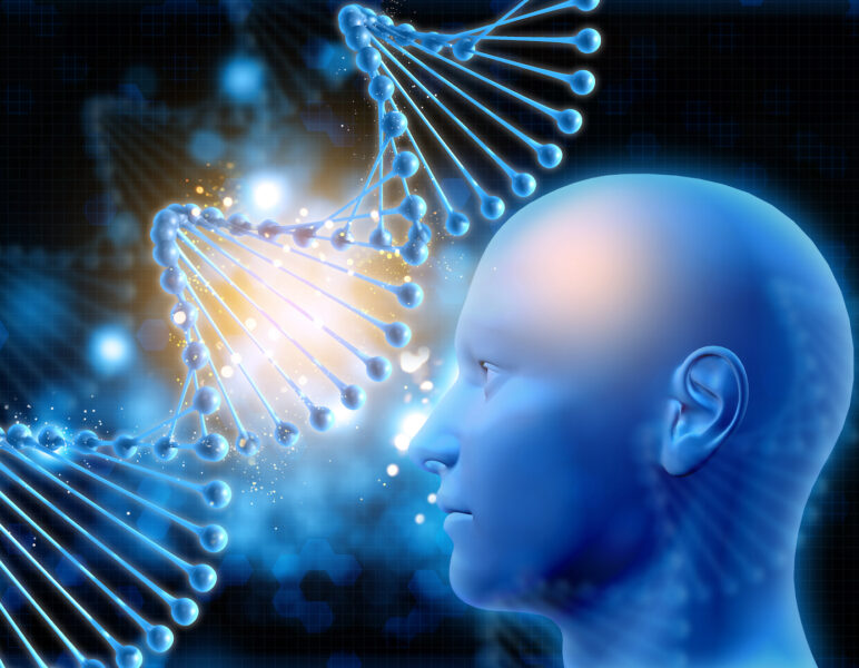 3D medical background with DNA strands and male head
