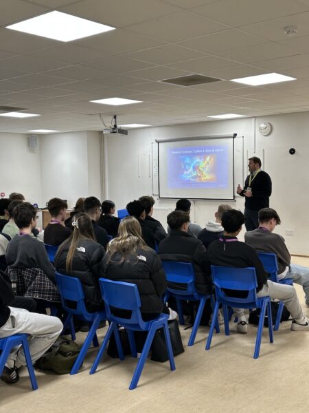 Chris presenting to students about careers in financial services
