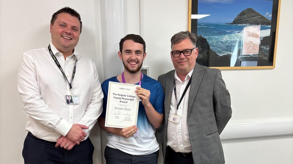 James Hine with the College’s inaugural Young Playwrights award