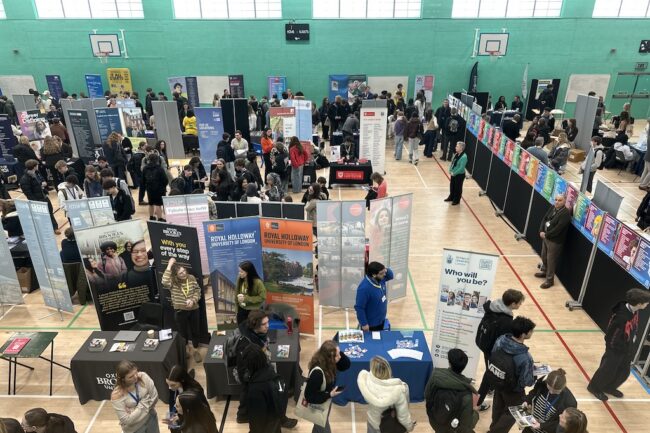 Stalls in the sports hall at the careers fair