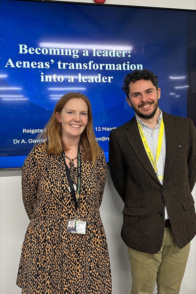 Guest speaker Andreas Gavrielatos from the University of Reading with Head of Classics Sarah Bell, in front of the presentation screen