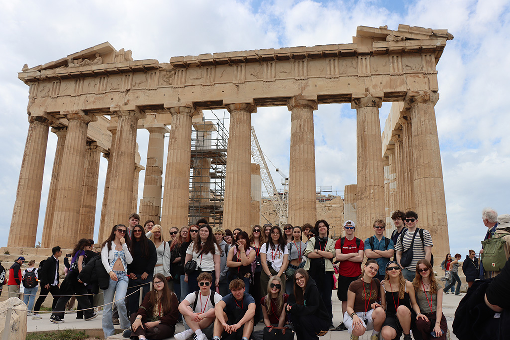Group shot of students in front of the Parthenon