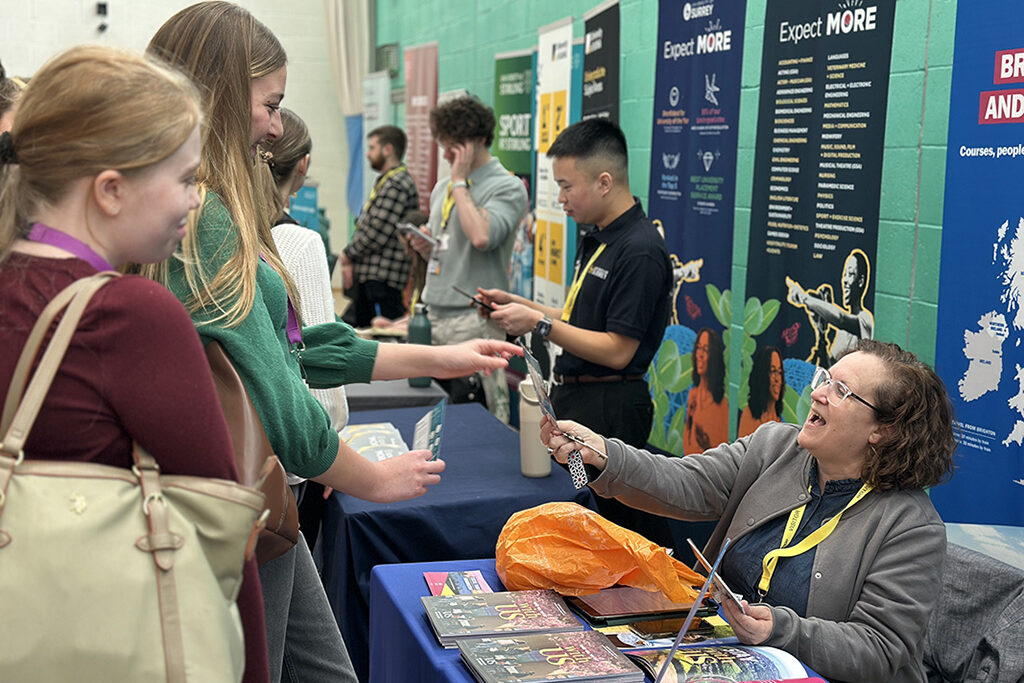 Female students speaking to an exhibitor on a stand at Get Ahead Day