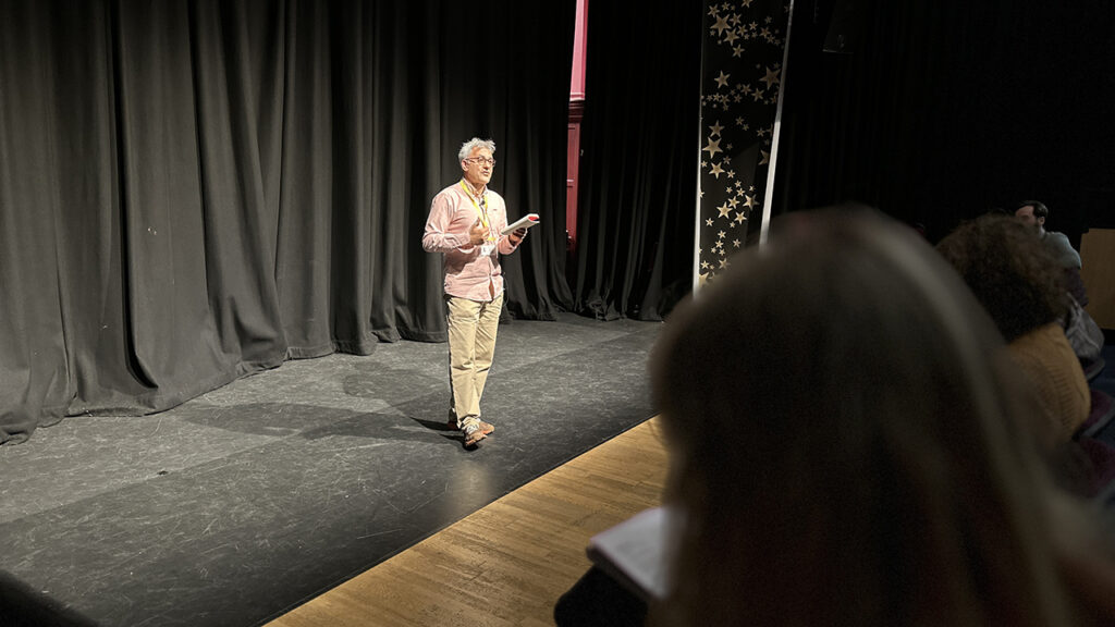 Daljit Nagra addressing the students